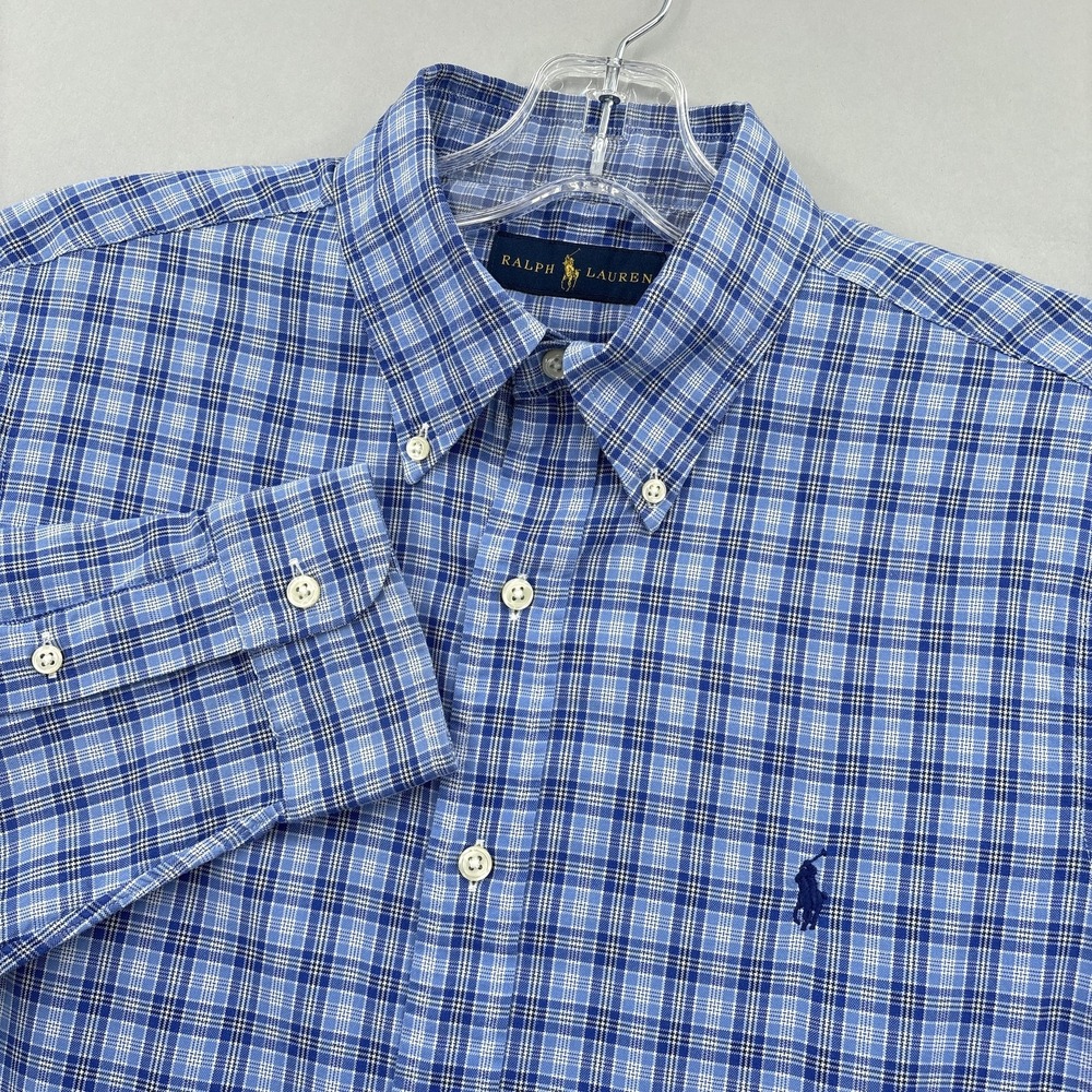 Ralph Lauren Shirt Mens Medium Blue Plaid Button Down Long Sleeve Cotton Casual